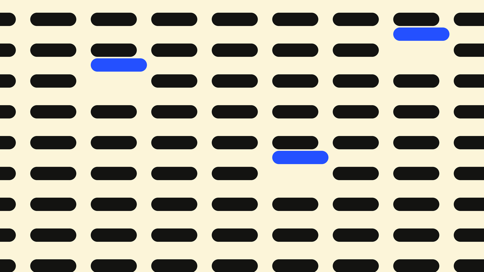 Une grille dense de petits rectangles noirs sur fond crème, trois d'entre eux extraits et posés en bleu